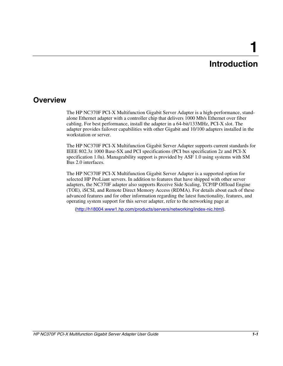 Chapter 1: introduction, Overview, Chapter 1 | Introduction, Overview -1 | HP NC370F PCI-X Multifunction Gigabit Server Adapter User Manual | Page 7 / 14