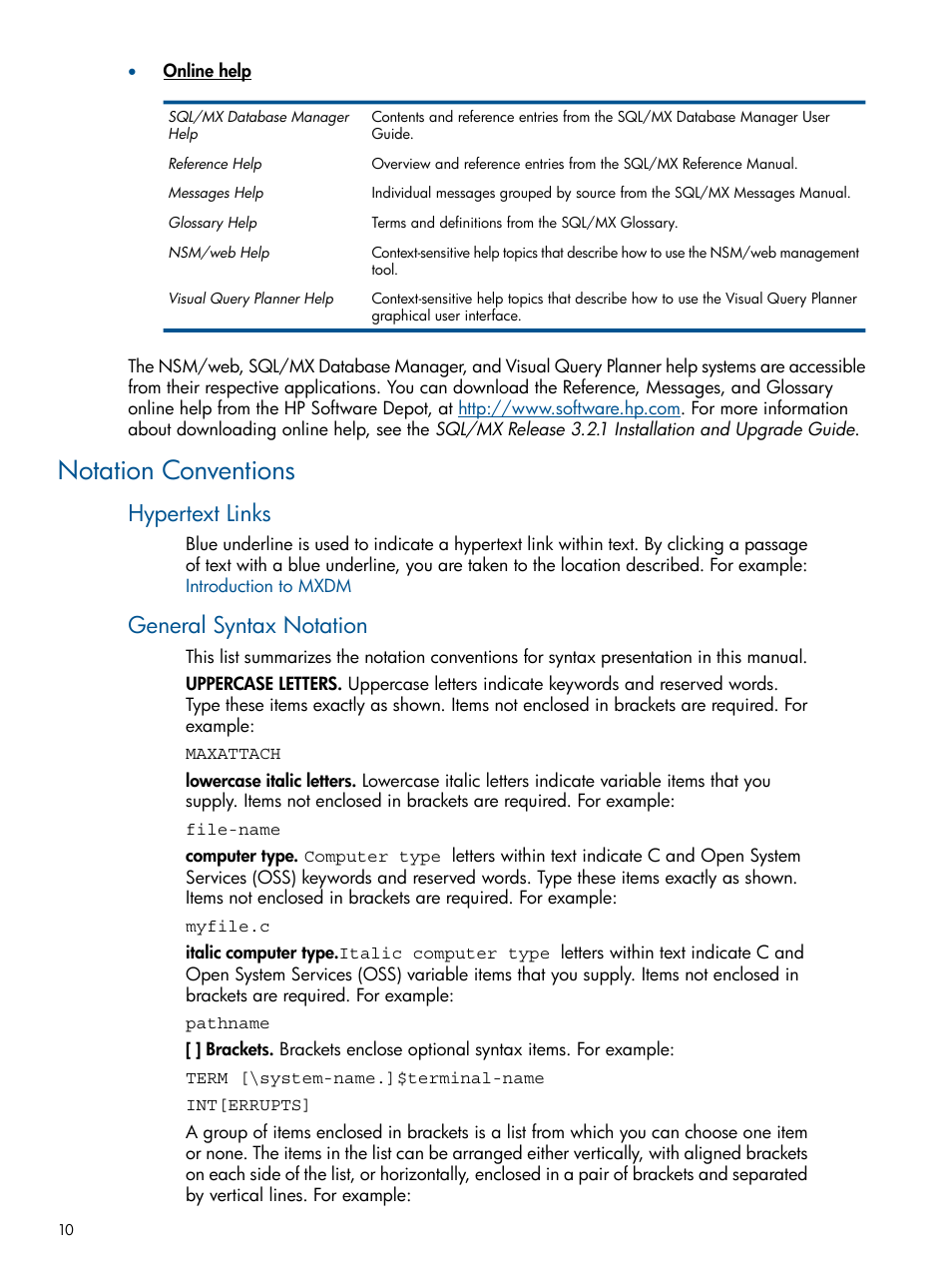 Notation conventions, Hypertext links, General syntax notation | HP Integrity NonStop J-Series User Manual | Page 10 / 113