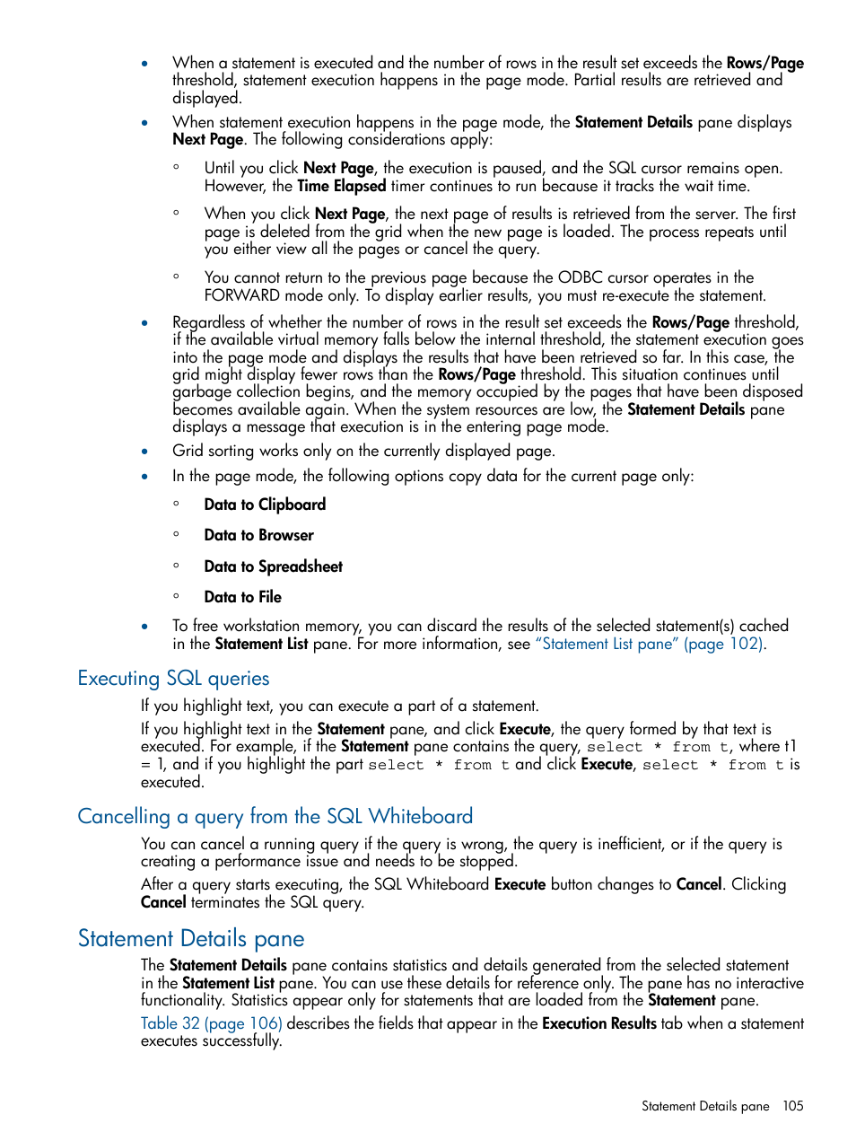 Executing sql queries, Cancelling a query from the sql whiteboard, Statement details pane | HP Integrity NonStop J-Series User Manual | Page 105 / 113