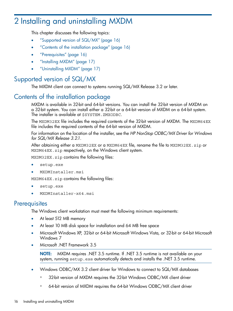 2 installing and uninstalling mxdm, Supported version of sql/mx, Contents of the installation package | Prerequisites | HP Integrity NonStop J-Series User Manual | Page 16 / 113