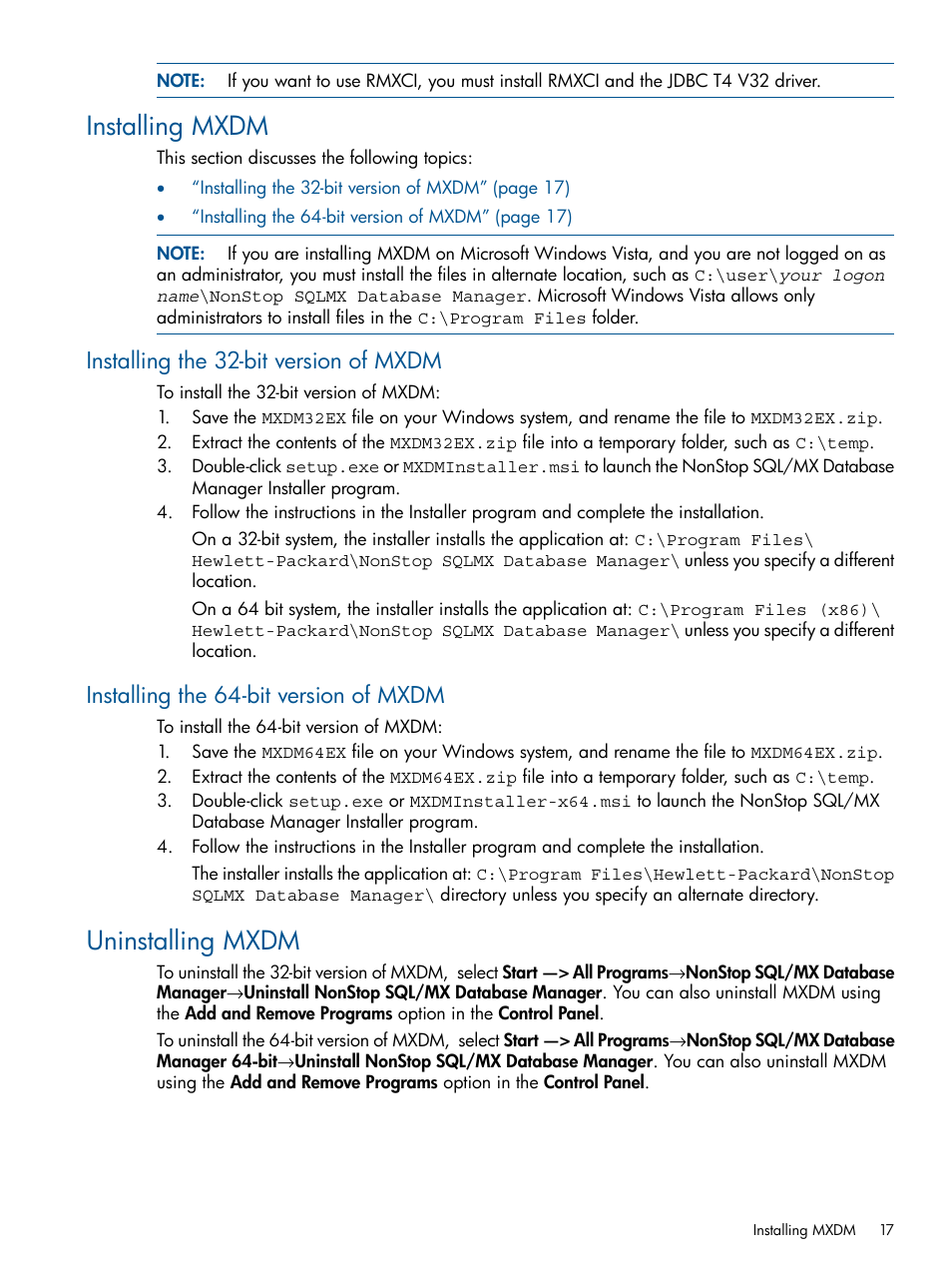 Installing mxdm, Installing the 32-bit version of mxdm, Installing the 64-bit version of mxdm | Uninstalling mxdm | HP Integrity NonStop J-Series User Manual | Page 17 / 113