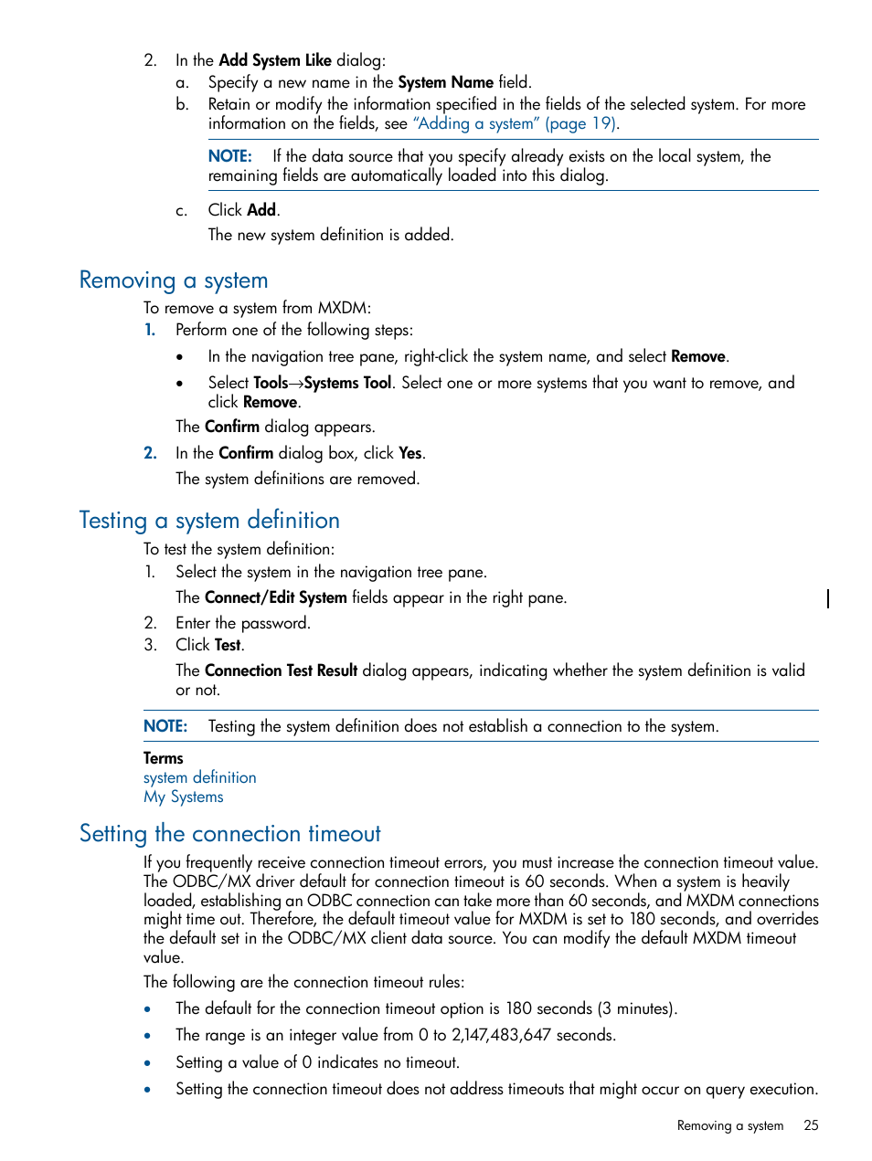 Removing a system, Testing a system definition, Setting the connection timeout | HP Integrity NonStop J-Series User Manual | Page 25 / 113