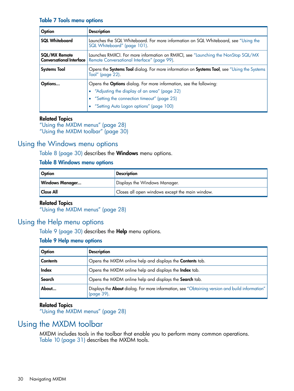 Using the windows menu options, Using the help menu options, Using the mxdm toolbar | HP Integrity NonStop J-Series User Manual | Page 30 / 113