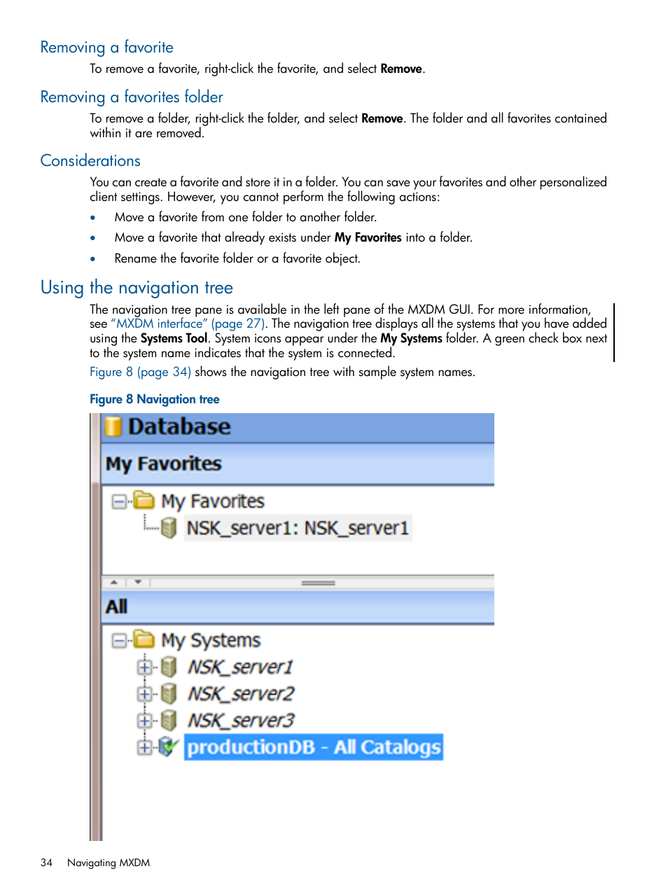 Removing a favorite, Removing a favorites folder, Considerations | Using the navigation tree | HP Integrity NonStop J-Series User Manual | Page 34 / 113