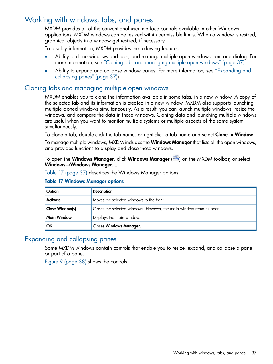 Working with windows, tabs, and panes, Cloning tabs and managing multiple open windows, Expanding and collapsing panes | Cloning tabs and | HP Integrity NonStop J-Series User Manual | Page 37 / 113