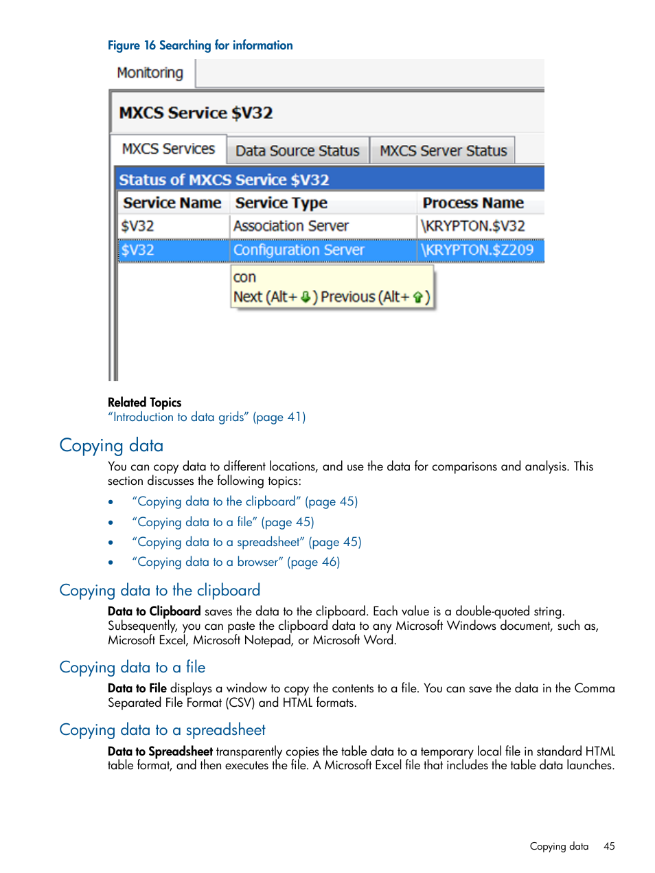 Copying data, Copying data to the clipboard, Copying data to a file | Copying data to a spreadsheet, Copying | HP Integrity NonStop J-Series User Manual | Page 45 / 113