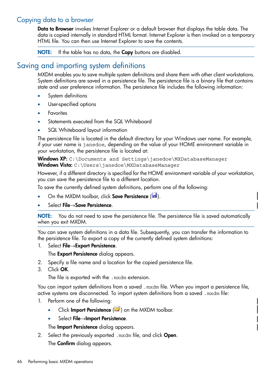 Copying data to a browser, Saving and importing system definitions, Saving | Saving and importing | HP Integrity NonStop J-Series User Manual | Page 46 / 113