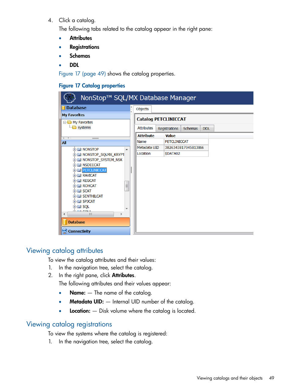 Viewing catalog attributes, Viewing catalog registrations | HP Integrity NonStop J-Series User Manual | Page 49 / 113