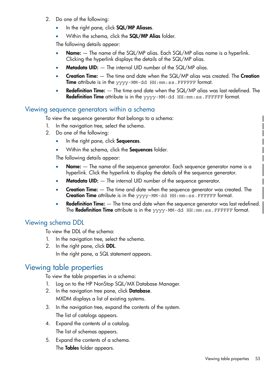 Viewing sequence generators within a schema, Viewing schema ddl, Viewing table properties | HP Integrity NonStop J-Series User Manual | Page 53 / 113