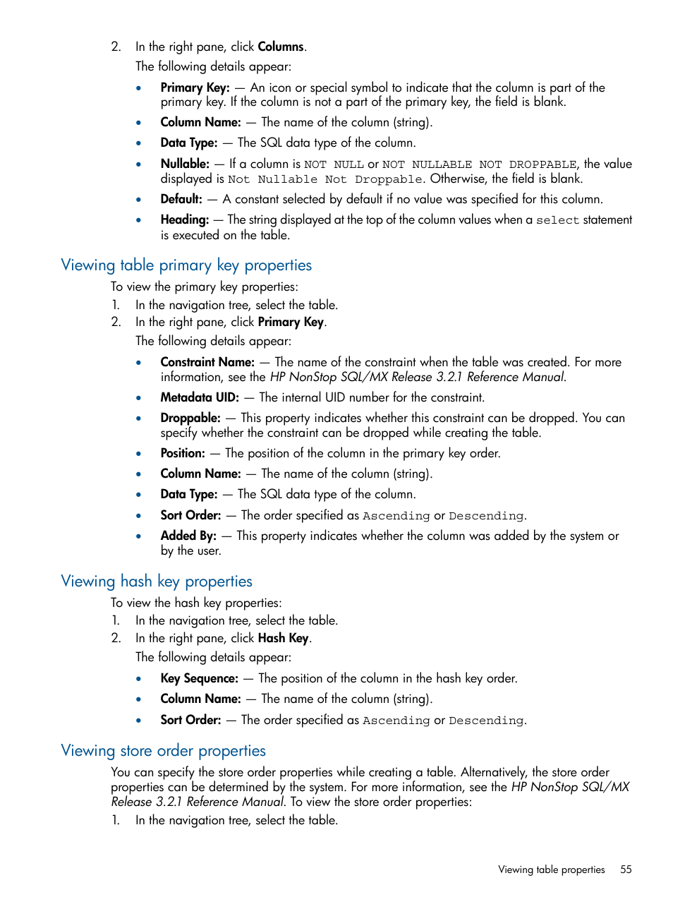 Viewing table primary key properties, Viewing hash key properties, Viewing store order properties | HP Integrity NonStop J-Series User Manual | Page 55 / 113