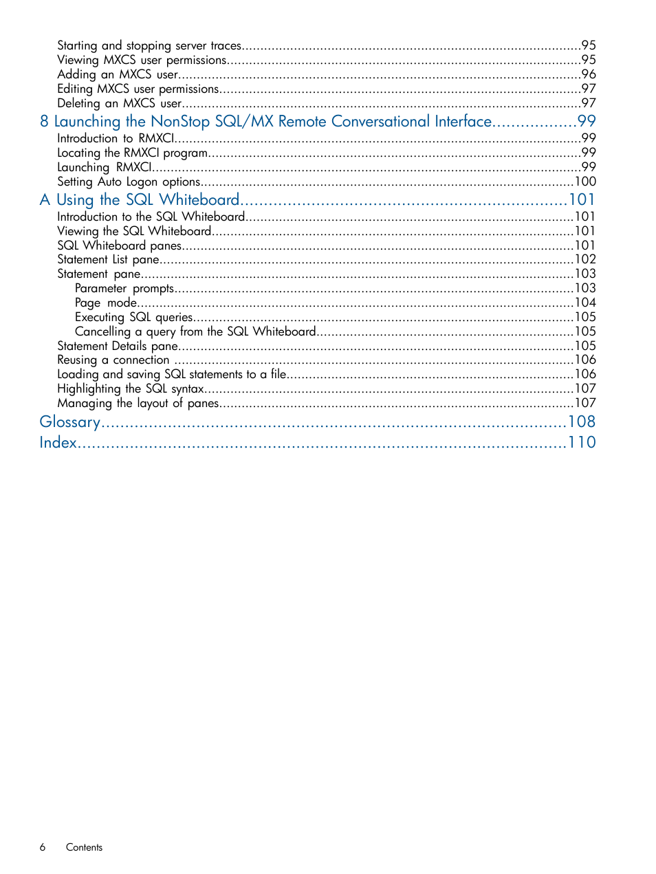 A using the sql whiteboard, Glossary index | HP Integrity NonStop J-Series User Manual | Page 6 / 113