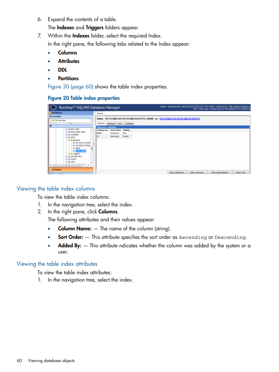 Viewing the table index columns, Viewing the table index attributes | HP Integrity NonStop J-Series User Manual | Page 60 / 113