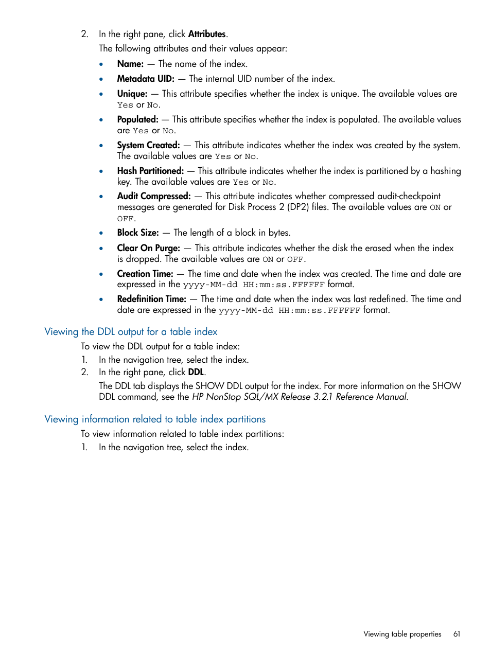 Viewing the ddl output for a table index | HP Integrity NonStop J-Series User Manual | Page 61 / 113