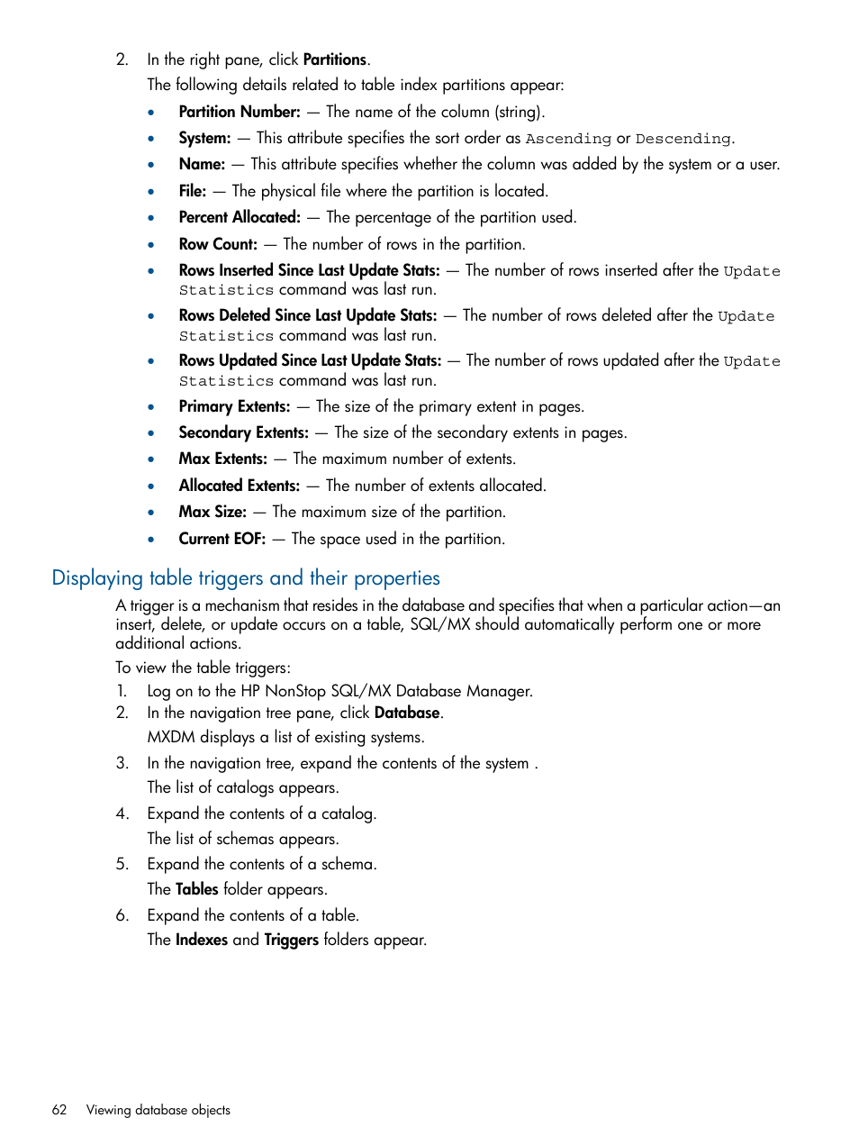 Displaying table triggers and their properties, Displaying table triggers | HP Integrity NonStop J-Series User Manual | Page 62 / 113