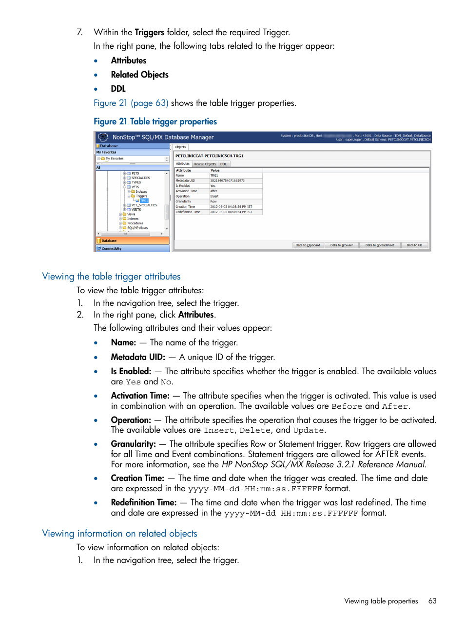 Viewing the table trigger attributes, Viewing information on related objects | HP Integrity NonStop J-Series User Manual | Page 63 / 113