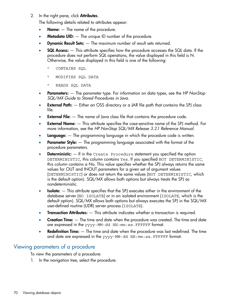 Viewing parameters of a procedure | HP Integrity NonStop J-Series User Manual | Page 70 / 113