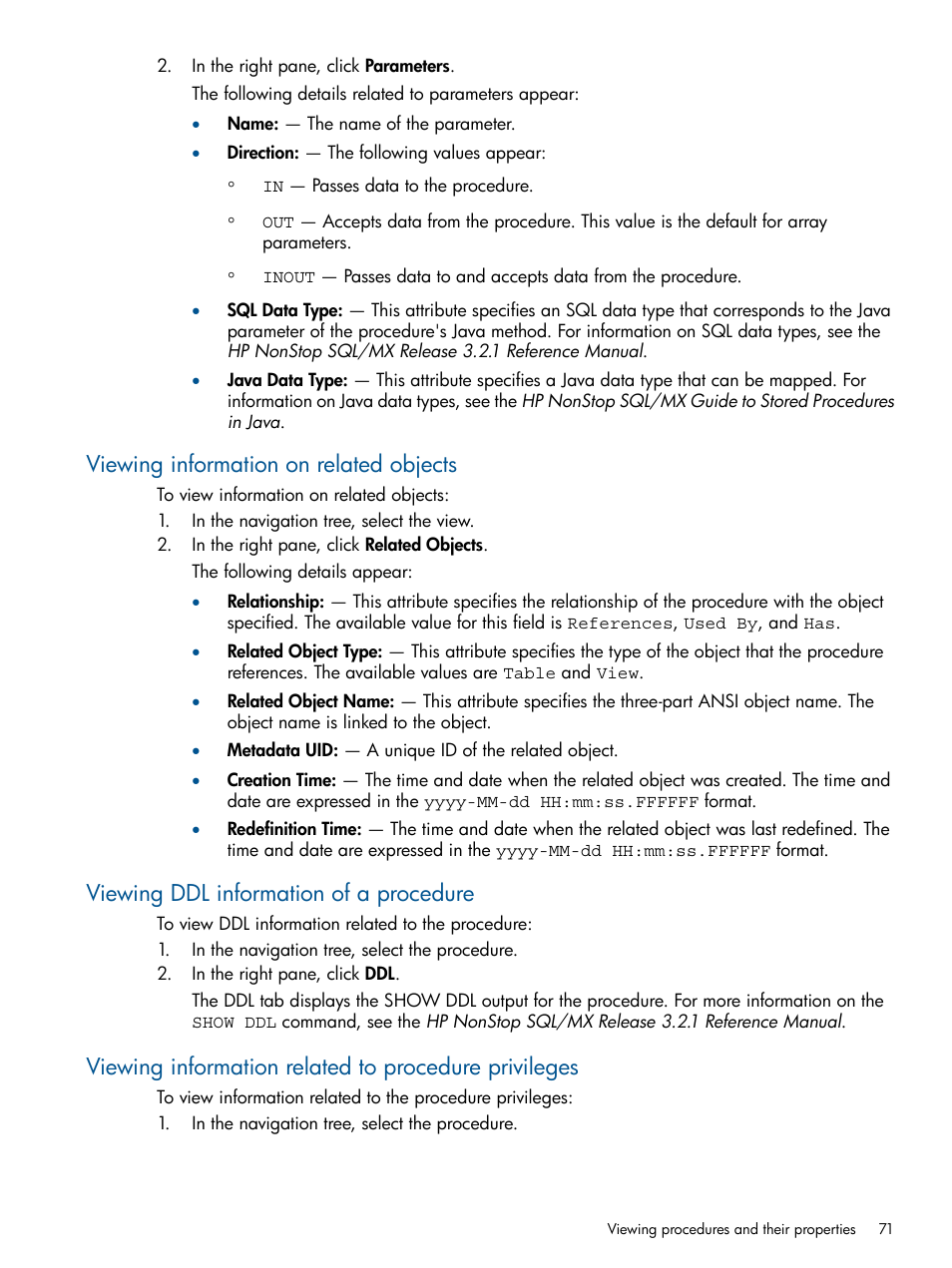 Viewing information on related objects, Viewing ddl information of a procedure | HP Integrity NonStop J-Series User Manual | Page 71 / 113