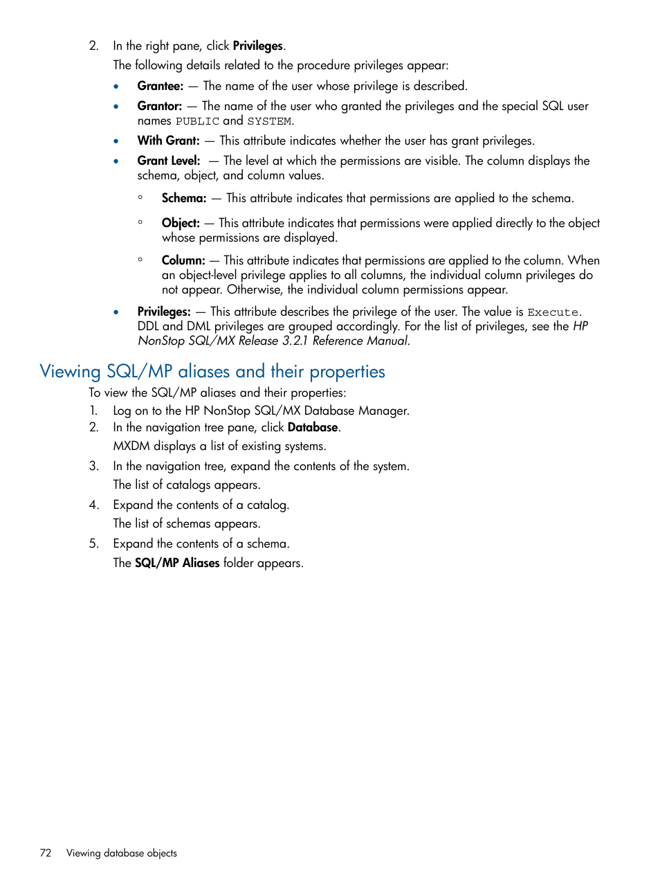 Viewing sql/mp aliases and their properties | HP Integrity NonStop J-Series User Manual | Page 72 / 113