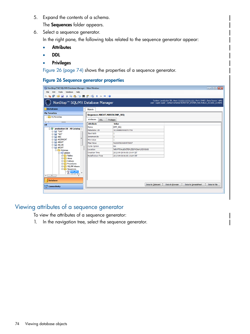 Viewing attributes of a sequence generator | HP Integrity NonStop J-Series User Manual | Page 74 / 113