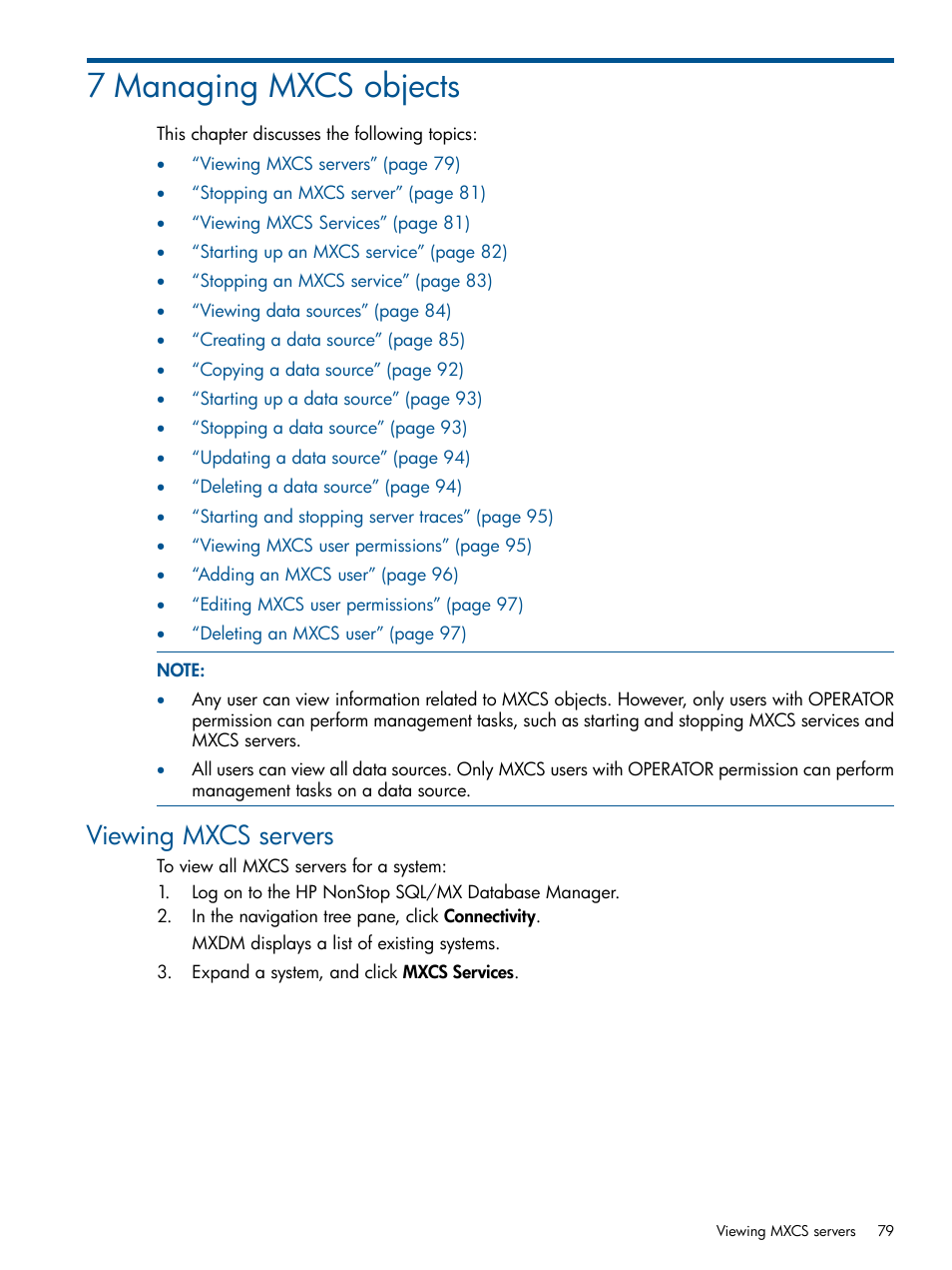 7 managing mxcs objects, Viewing mxcs servers | HP Integrity NonStop J-Series User Manual | Page 79 / 113