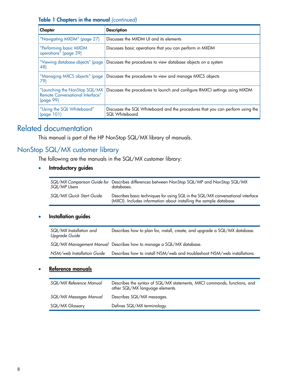 Related documentation, Nonstop sql/mx customer library | HP Integrity NonStop J-Series User Manual | Page 8 / 113