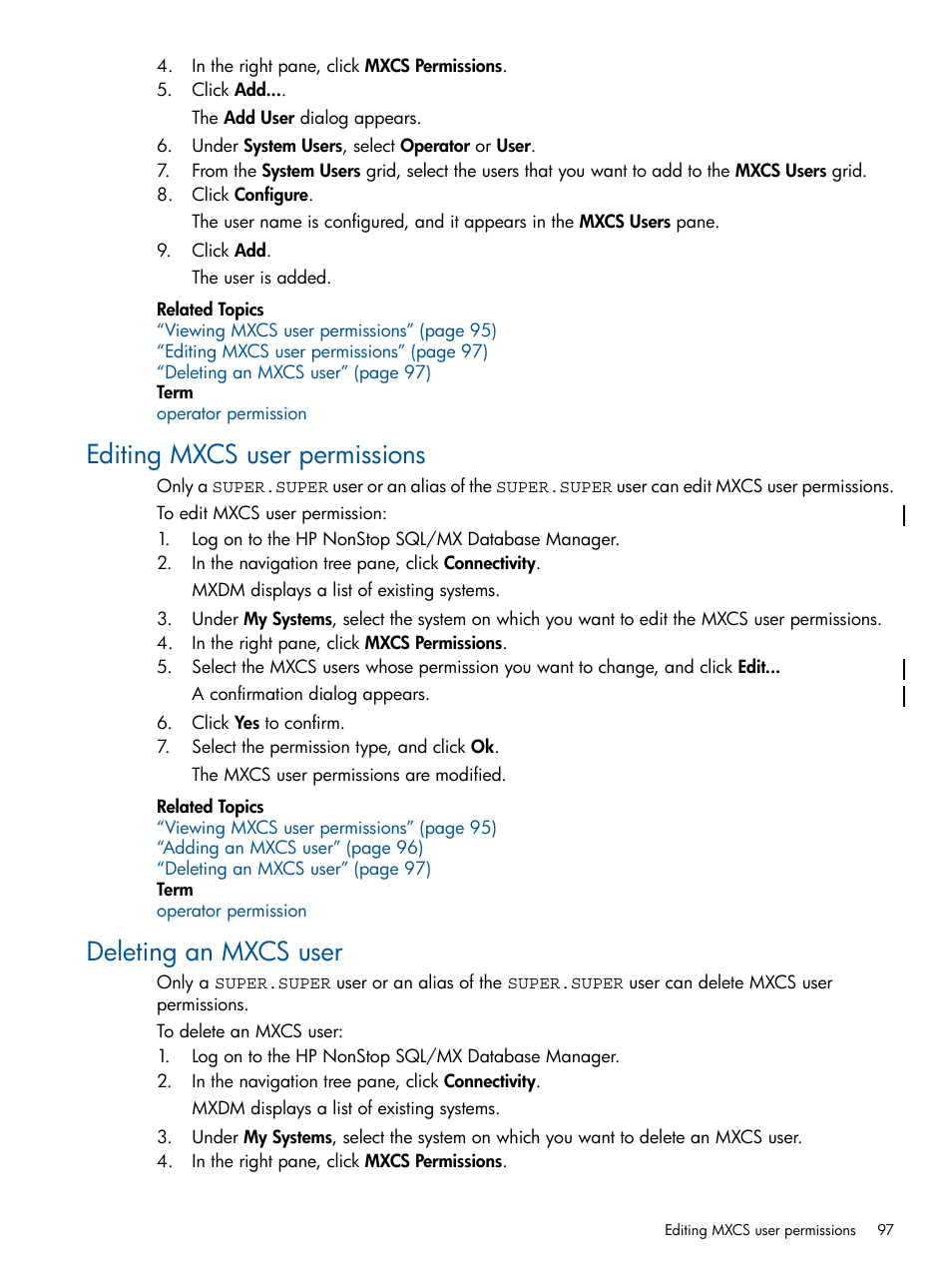 Editing mxcs user permissions, Deleting an mxcs user | HP Integrity NonStop J-Series User Manual | Page 97 / 113