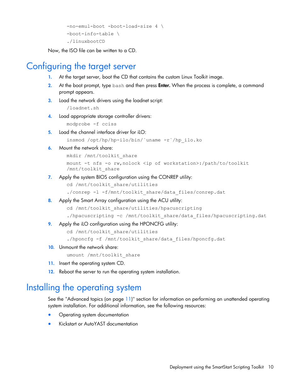 Configuring the target server, Installing the operating system | HP SmartStart-Software User Manual | Page 10 / 69