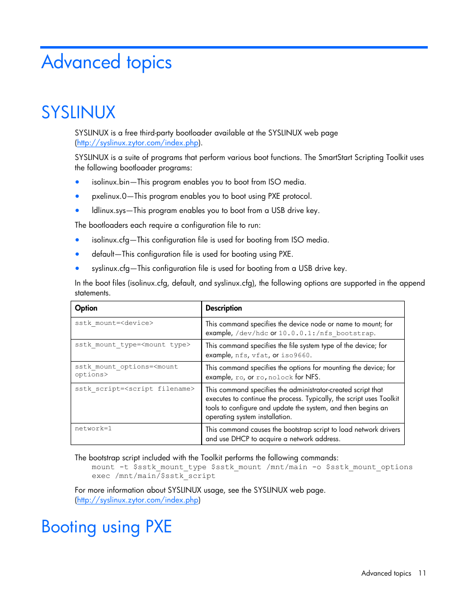 Advanced topics, Syslinux, Booting using pxe | Syslinux booting using pxe | HP SmartStart-Software User Manual | Page 11 / 69