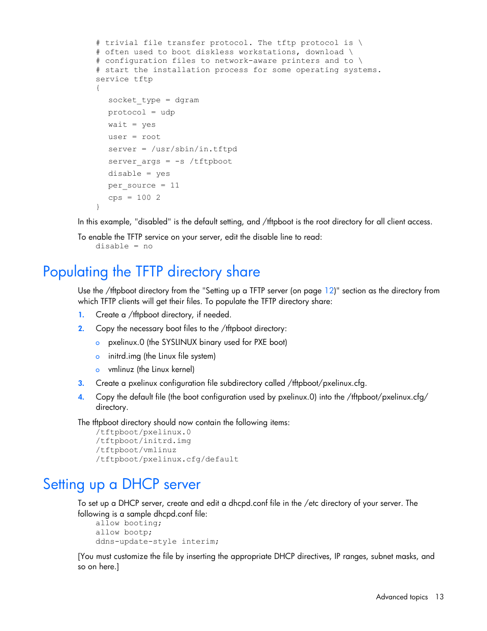 Populating the tftp directory share, Setting up a dhcp server | HP SmartStart-Software User Manual | Page 13 / 69