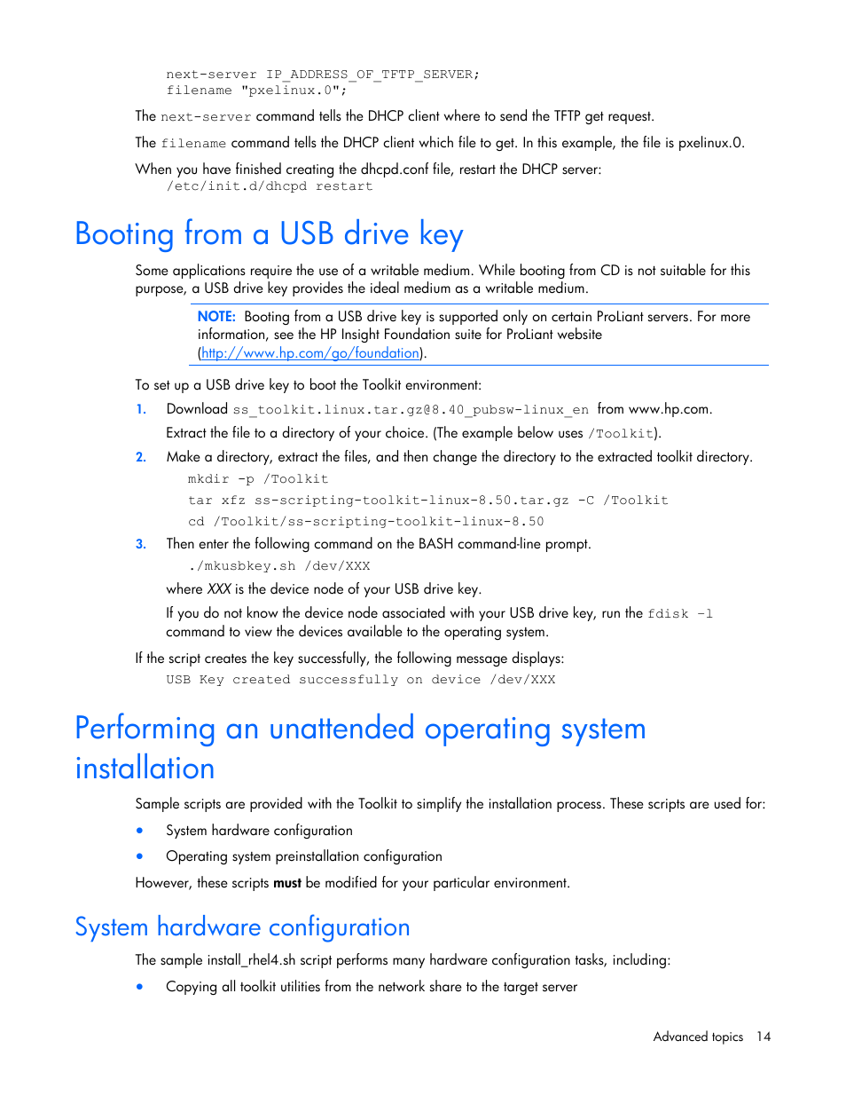 Booting from a usb drive key, System hardware configuration | HP SmartStart-Software User Manual | Page 14 / 69