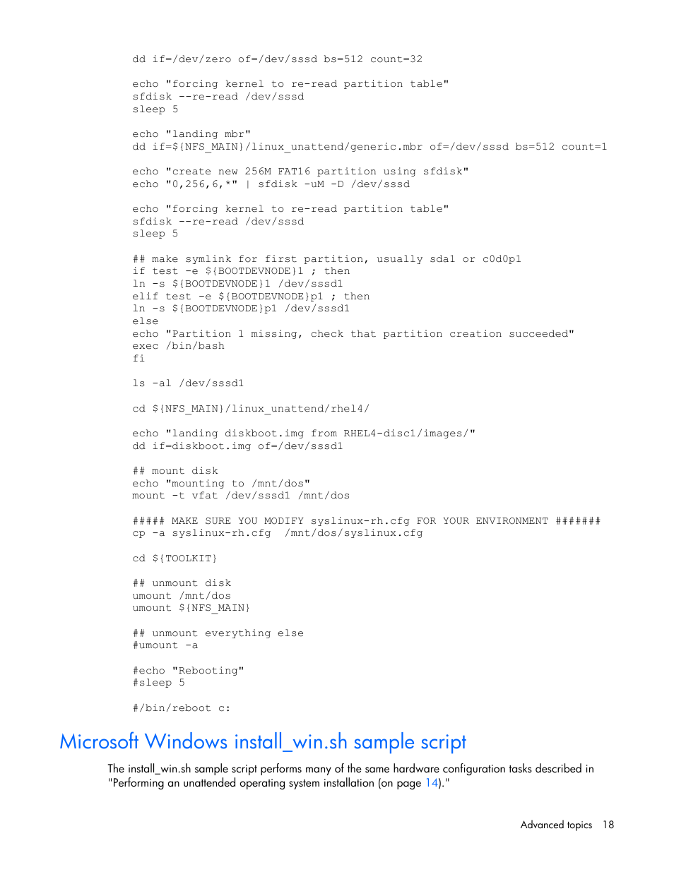 Microsoft windows install_win.sh sample script | HP SmartStart-Software User Manual | Page 18 / 69