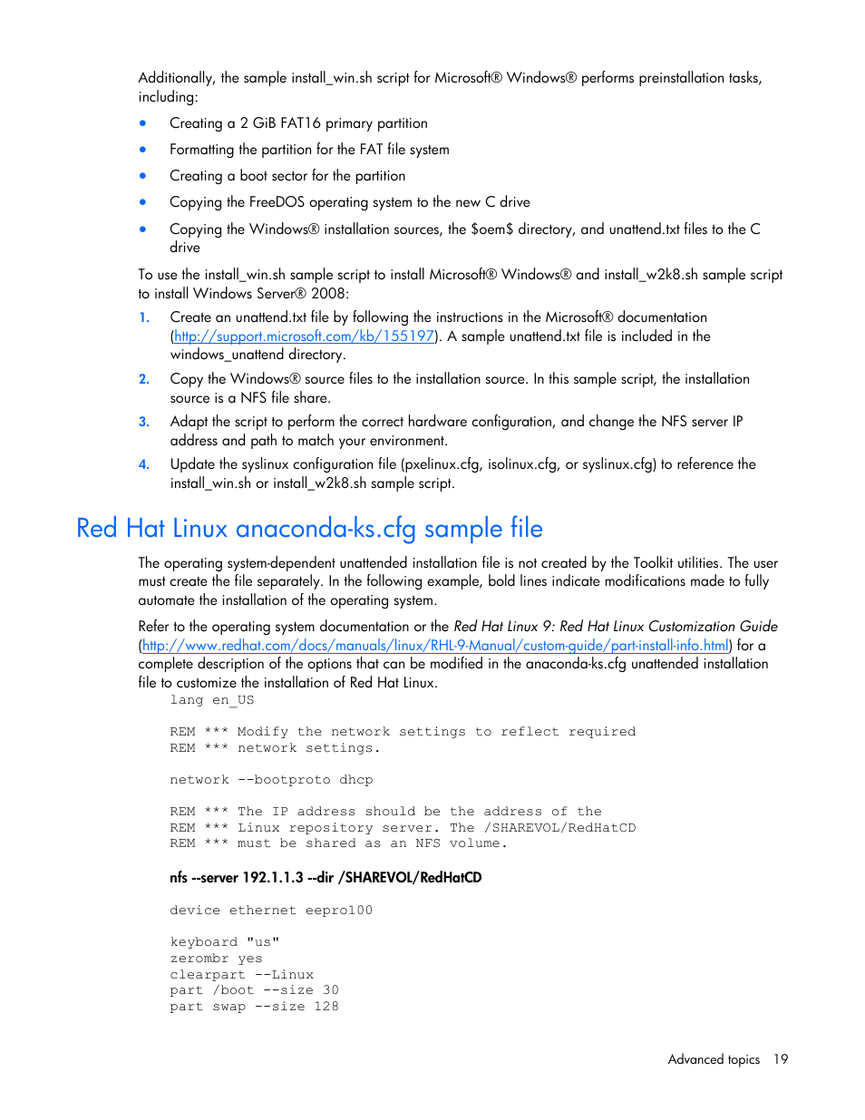 Red hat linux anaconda-ks.cfg sample file | HP SmartStart-Software User Manual | Page 19 / 69