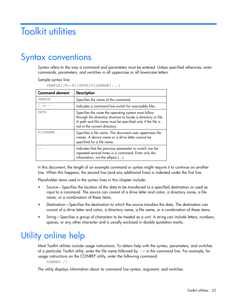 Toolkit utilities, Syntax conventions, Utility online help | Syntax conventions utility online help | HP SmartStart-Software User Manual | Page 22 / 69