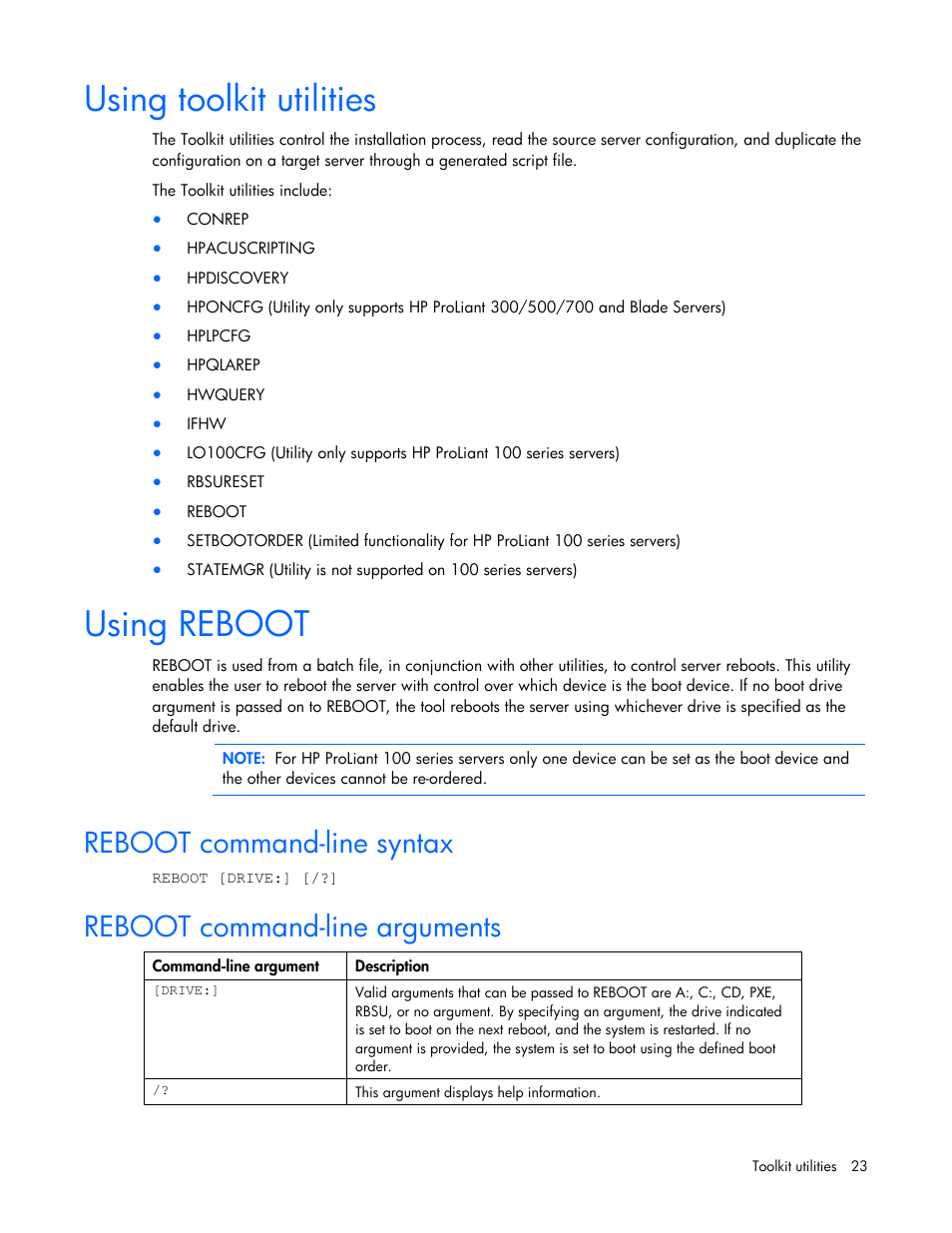 Using toolkit utilities, Using reboot, Reboot command-line syntax | Reboot command-line arguments, Using toolkit utilities using reboot | HP SmartStart-Software User Manual | Page 23 / 69