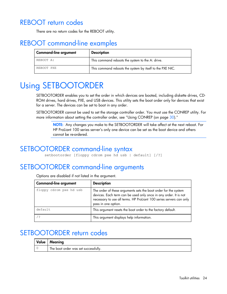 Reboot return codes, Reboot command-line examples, Using setbootorder | Setbootorder command-line syntax, Setbootorder command-line arguments, Setbootorder return codes, Reboot return codes reboot command-line examples | HP SmartStart-Software User Manual | Page 24 / 69