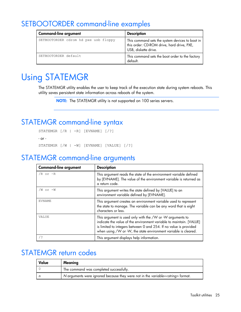 Setbootorder command-line examples, Using statemgr, Statemgr command-line syntax | Statemgr command-line arguments, Statemgr return codes | HP SmartStart-Software User Manual | Page 25 / 69