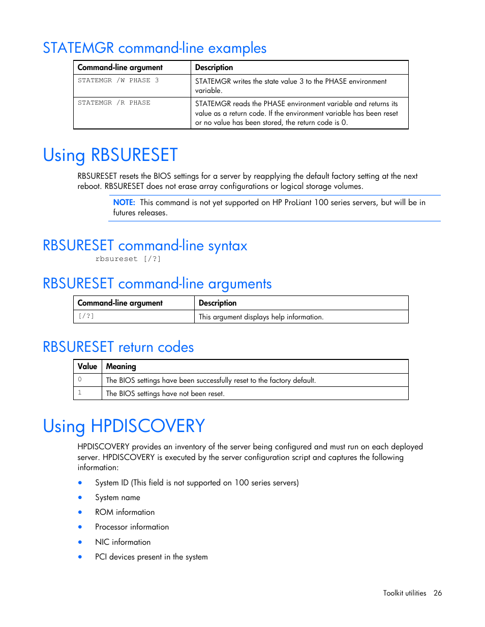 Statemgr command-line examples, Using rbsureset, Rbsureset command-line syntax | Rbsureset command-line arguments, Rbsureset return codes, Using hpdiscovery | HP SmartStart-Software User Manual | Page 26 / 69