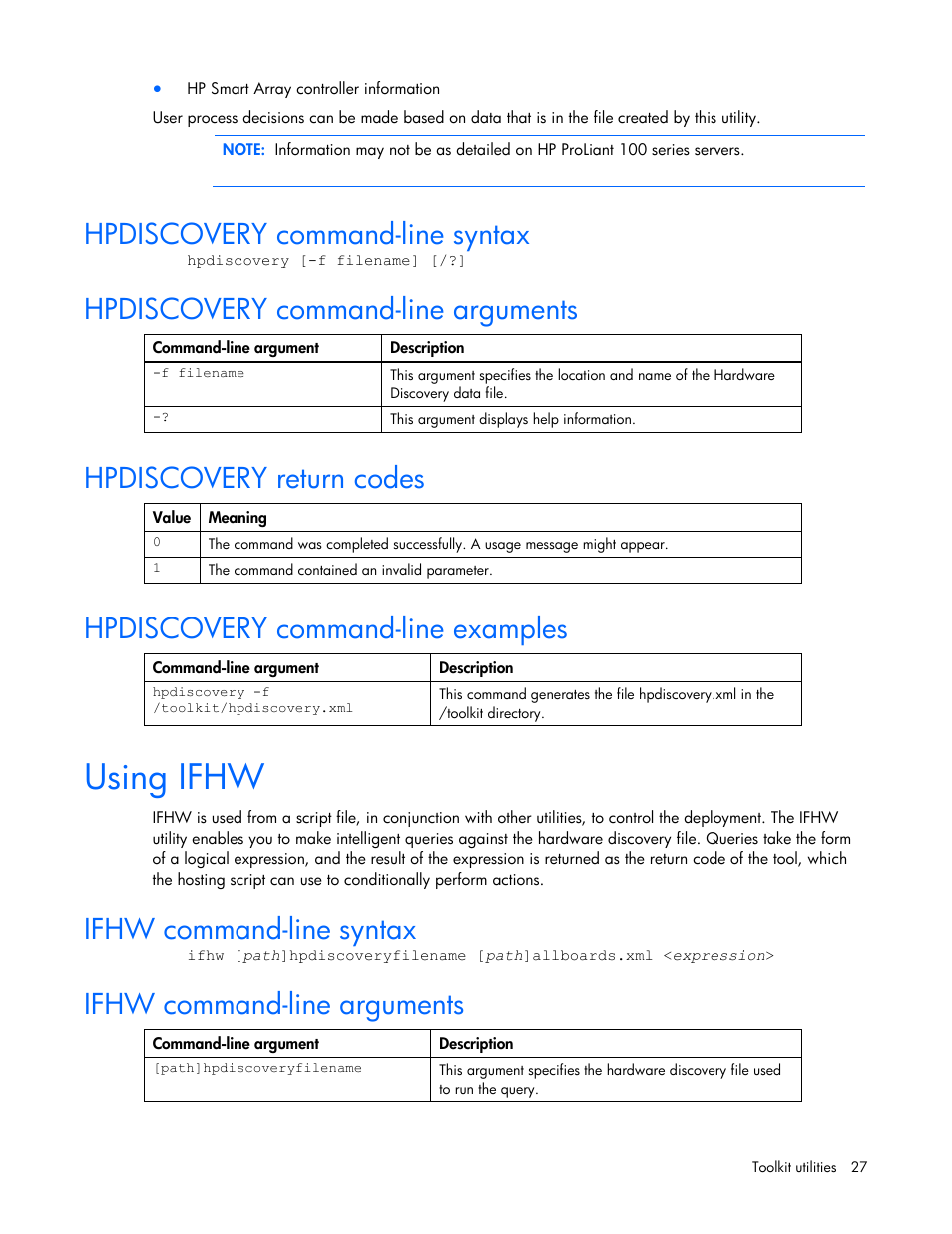 Hpdiscovery command-line syntax, Hpdiscovery command-line arguments, Hpdiscovery return codes | Hpdiscovery command-line examples, Using ifhw, Ifhw command-line syntax, Ifhw command-line arguments | HP SmartStart-Software User Manual | Page 27 / 69