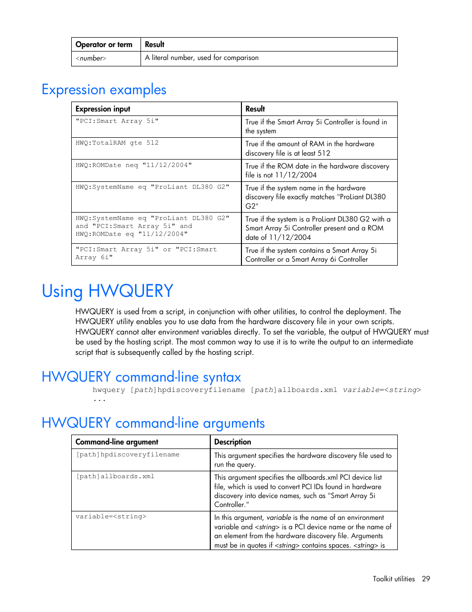 Expression examples, Using hwquery, Hwquery command-line syntax | Hwquery command-line arguments | HP SmartStart-Software User Manual | Page 29 / 69