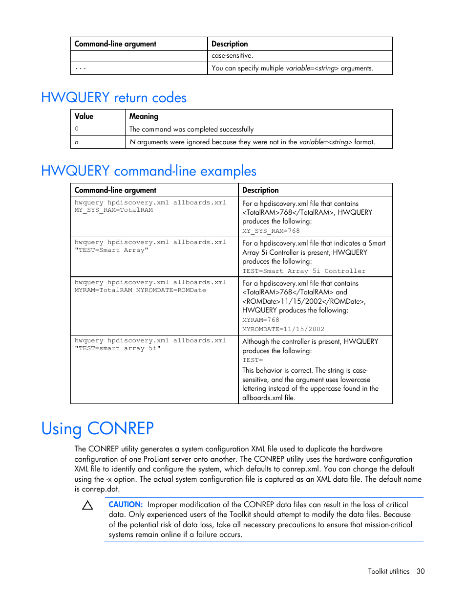 Hwquery return codes, Hwquery command-line examples, Using conrep | Hwquery return codes hwquery command-line examples | HP SmartStart-Software User Manual | Page 30 / 69