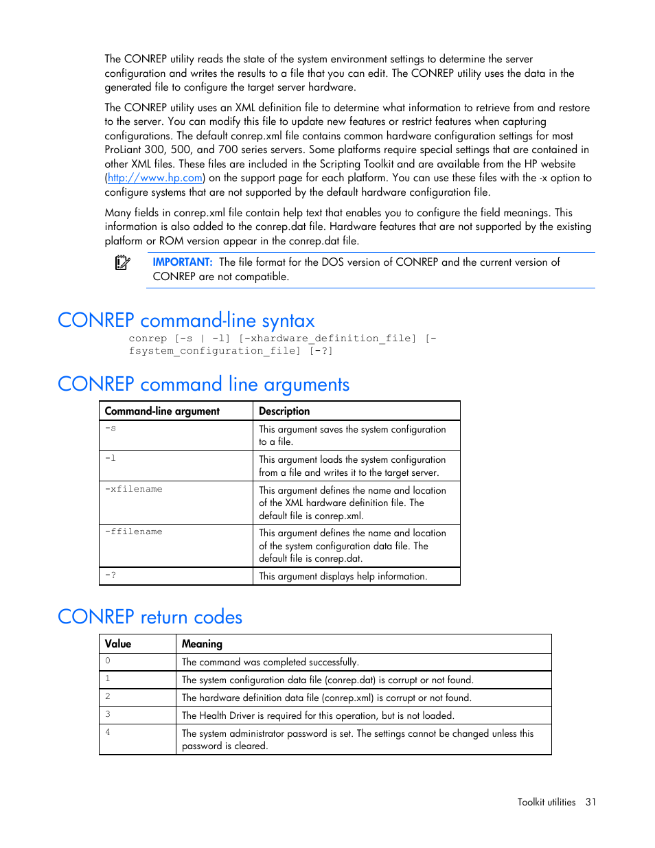 Conrep command-line syntax, Conrep command line arguments, Conrep return codes | HP SmartStart-Software User Manual | Page 31 / 69