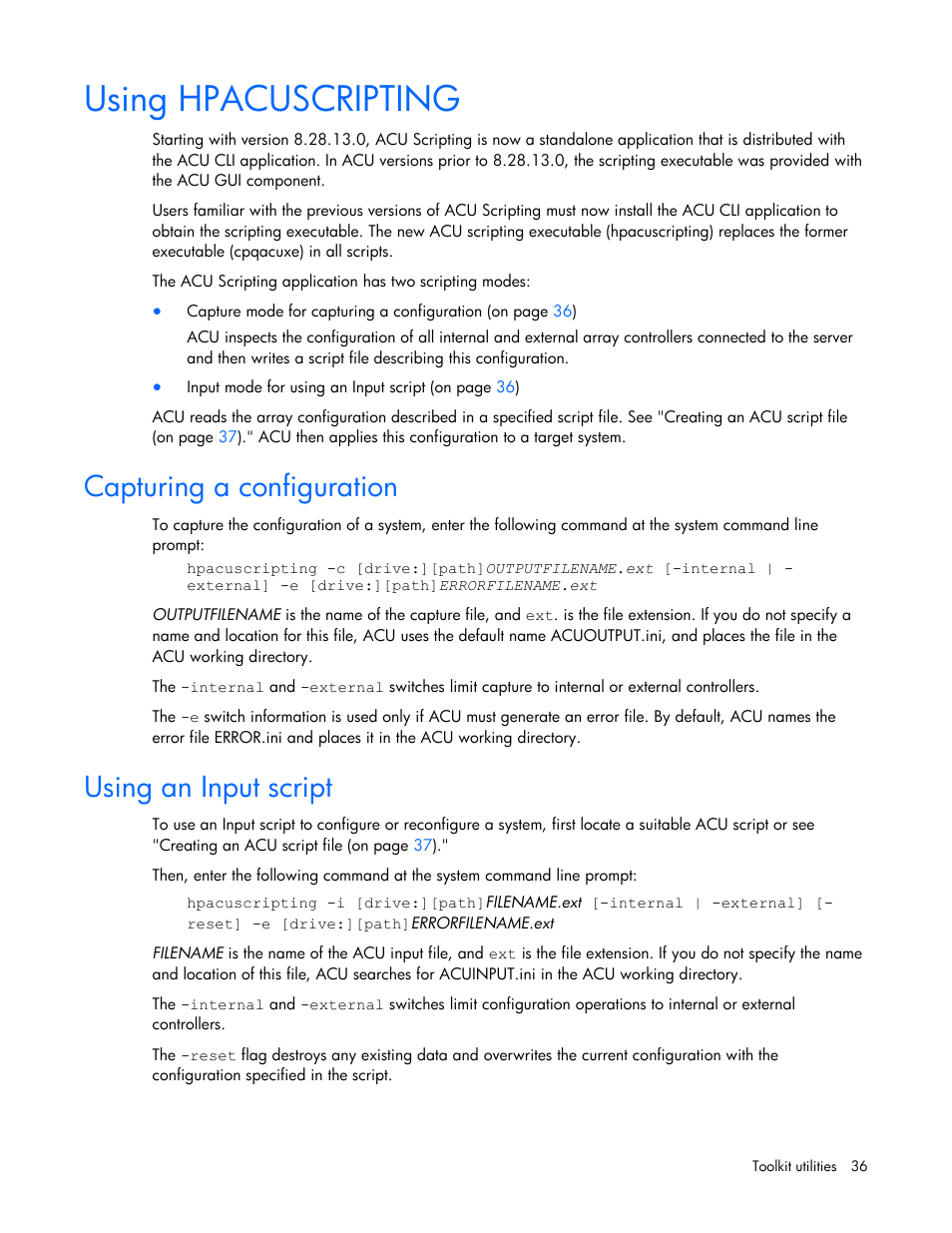 Using hpacuscripting, Capturing a configuration, Using an input script | Capturing a configuration using an input script | HP SmartStart-Software User Manual | Page 36 / 69