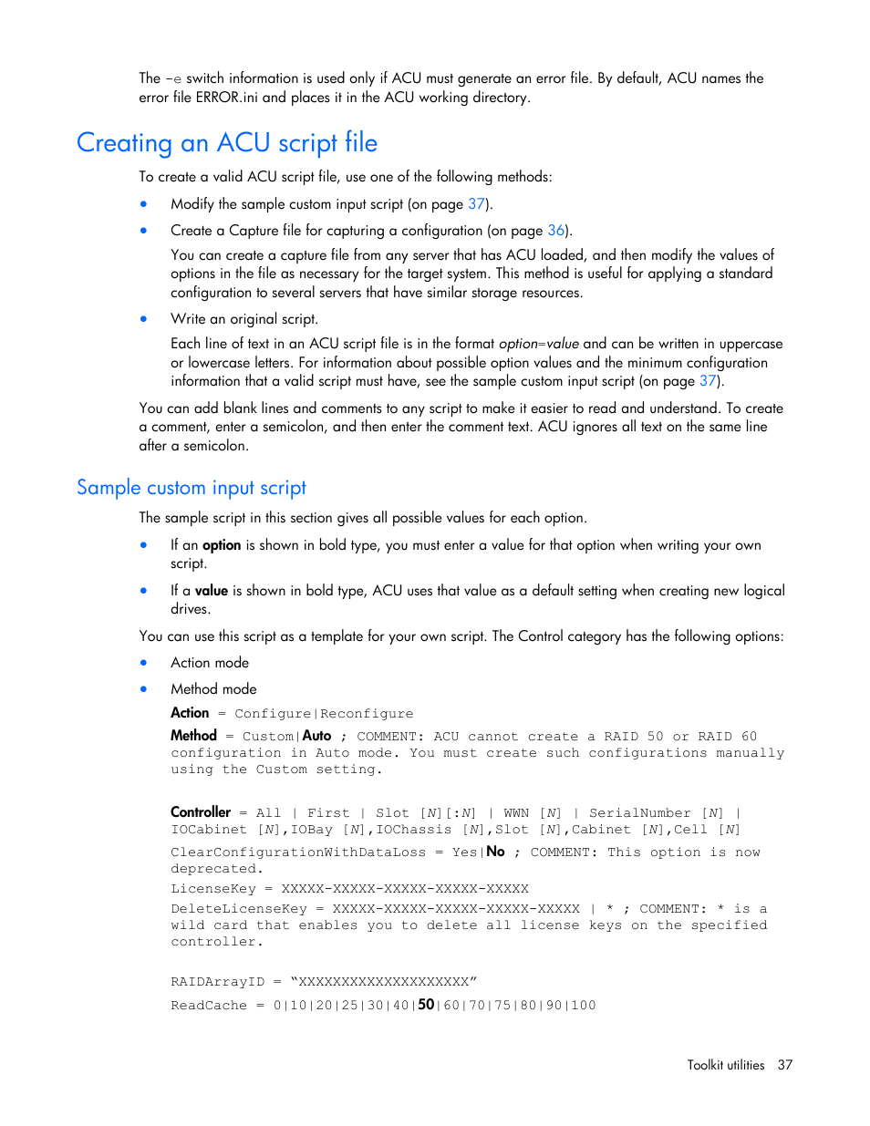 Creating an acu script file, Sample custom input script | HP SmartStart-Software User Manual | Page 37 / 69