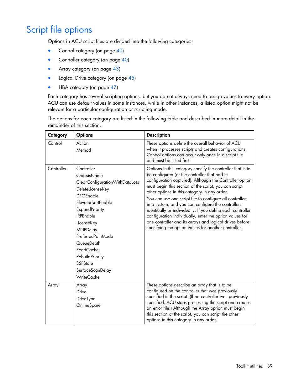 Script file options | HP SmartStart-Software User Manual | Page 39 / 69