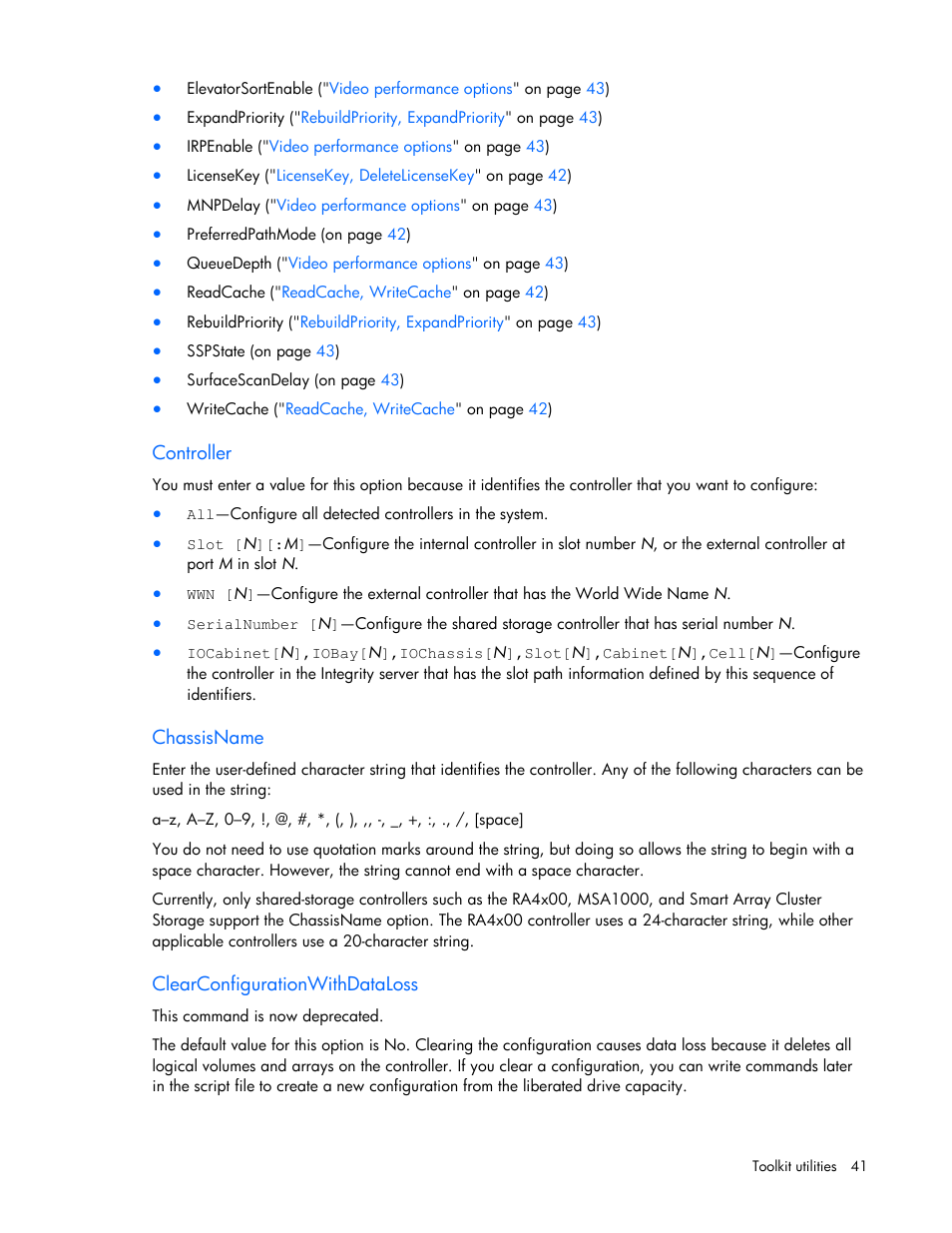 Controller, Chassisname, Clearconfigurationwithdataloss | HP SmartStart-Software User Manual | Page 41 / 69