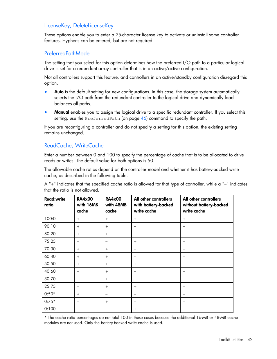 Licensekey, deletelicensekey, Preferredpathmode, Readcache, writecache | HP SmartStart-Software User Manual | Page 42 / 69