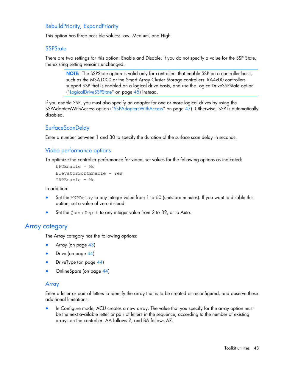 Rebuildpriority, expandpriority, Sspstate, Surfacescandelay | Video performance options, Array category, Array | HP SmartStart-Software User Manual | Page 43 / 69