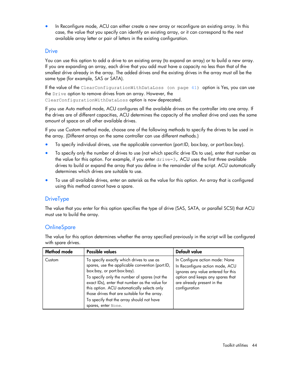 Drive, Drivetype, Onlinespare | HP SmartStart-Software User Manual | Page 44 / 69