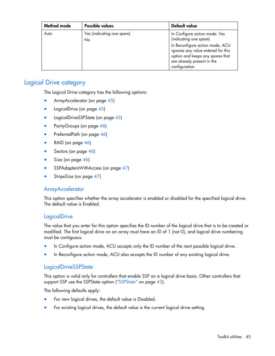 Logical drive category, Arrayaccelerator, Logicaldrive | Logicaldrivesspstate | HP SmartStart-Software User Manual | Page 45 / 69