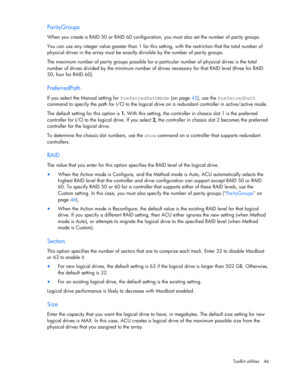 Paritygroups, Preferredpath, Raid | Sectors, Size | HP SmartStart-Software User Manual | Page 46 / 69